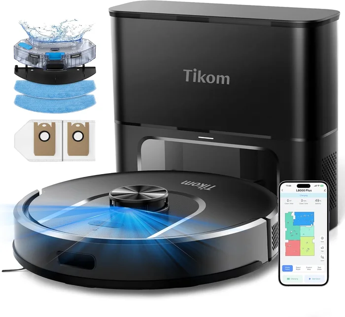 Tikom L8000 Plus Robot Vacuum Mop 6000Pa Suction Self-Emptying Base 90 Days Capacity LiDAR Navigation Home Mapping Ideal Pet Hair Hard Floor Carpet